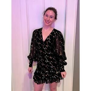 YUMI KIM Black Chiffon Metallic Star Print Blouson Sleeves Scarlett Star Dress 8